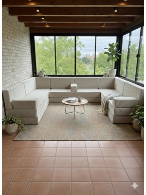 Bakırözü Home Premium Kadife Kumaş, Konforlu Yer Kanepesi ,modüler Şark Köşesi Takımı - Krem- 40 cm - U Set