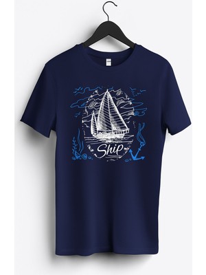 MGAX Denizci Yelkenli Baskılı Regular Sıfır Yaka %100 Pamuk Unisex Penye T-Shirt