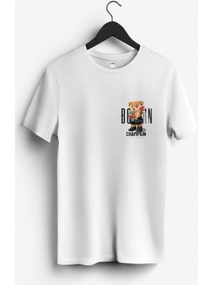 MGAX Sevimli Ayı Doğuştan Şampiyon Arma Baskılı Regular Sıfır Yaka %100 Pamuk Unisex Penye T-Shirt
