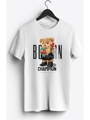 MGAX Sevimli Ayı Doğuştan Şampiyon Baskılı Regular Sıfır Yaka %100 Pamuk Unisex Penye T-Shirt