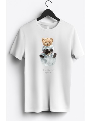 MGAX Sevimli Ayı I Need My Space Baskılı Regular Sıfır Yaka %100 Pamuk Unisex Penye T-Shirt