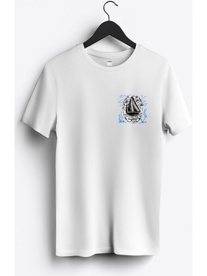 MGAX Denizci Yelkenli Arma Baskılı Regular Sıfır Yaka %100 Pamuk Unisex Penye T-Shirt