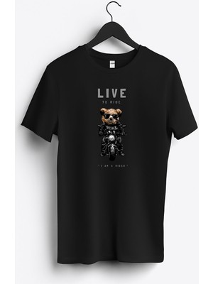 MGAX Motosiklet Sevimli Ayı Live To Ride Baskılı Regular Sıfır Yaka %100 Pamuk Unisex Penye T-Shirt
