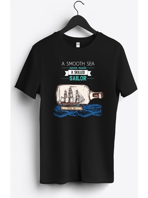 MGAX Denizci Şişedeki Yelkenli Baskılı Regular Sıfır Yaka %100 Pamuk Unisex Penye T-Shirt