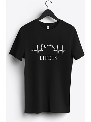 MGAX Motosiklet Life Is Baskılı Regular Sıfır Yaka %100 Pamuk Unisex Penye T-Shirt
