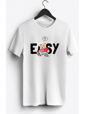 MGAX Sevimli Ayı Take It Easy Baskılı Regular Sıfır Yaka %100 Pamuk Unisex Penye T-Shirt