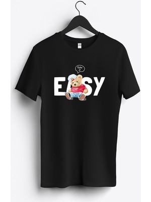 MGAX Sevimli Ayı Take It Easy Baskılı Regular Sıfır Yaka %100 Pamuk Unisex Penye T-Shirt