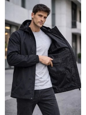 Uslucan Alışveriş Erkek Kapüşonlu Su Itici Rüzgarlık Ceket Mevsimlik Hafif Mont - Siyah