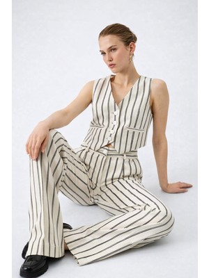 Kadın Yüksek Bel Çizgili Keten Pantolon ve Yelek Takım