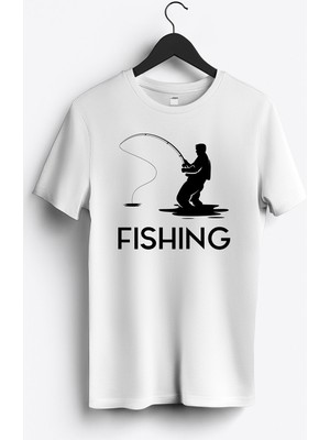 MGAX Balıkçı Fishing Man Baskılı Regular Sıfır Yaka %100 Pamuk Unisex Penye T-Shirt