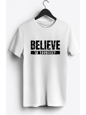 MGAX Believe In Yourself Baskılı Regular Sıfır Yaka %100 Pamuk Unisex Penye T-Shirt