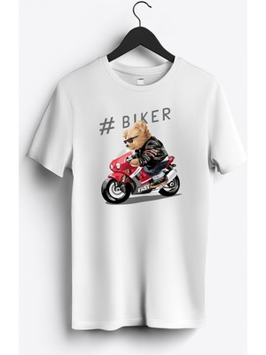 MGAX Motosiklet Sevimli Ayı Biker Baskılı Regular Sıfır Yaka %100 Pamuk Unisex Penye T-Shirt