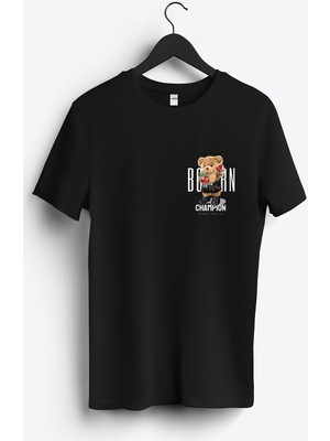 MGAX Sevimli Ayı Doğuştan Şampiyon Arma Baskılı Regular Sıfır Yaka %100 Pamuk Unisex Penye T-Shirt