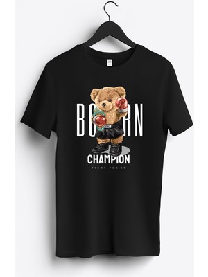 MGAX Sevimli Ayı Doğuştan Şampiyon Baskılı Regular Sıfır Yaka %100 Pamuk Unisex Penye T-Shirt