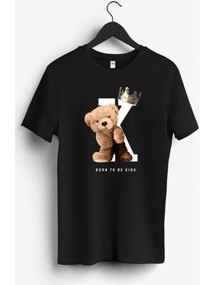 MGAX Sevimli Ayı Born To Be King Baskılı Regular Sıfır Yaka %100 Pamuk Unisex Penye T-Shirt