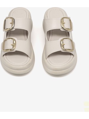 Tonny Black Kadın Bej Yüksek Tabanlı Rahat Çift Tokalı Terlik