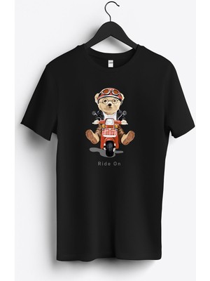 MGAX Sevimli Ayı Scooter Ride On Baskılı Regular Sıfır Yaka %100 Pamuk Unisex Penye T-Shirt