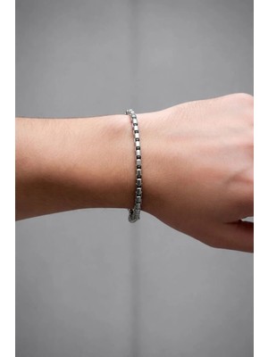 Erkek Gümüş Renk Kutu Zincir Bileklik | Minimal Box Chain Tasarım (19 Cm)