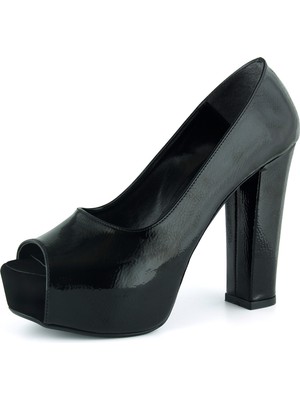 Erkan Saçmacı Carolina Siyah Rugan Önü Açık Yuvarlak Burun Kalın Platform Topuklu Abiye Ayakkabı