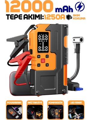 Enshall 4in1 Şarjlı 12000MAH Akü Takviye Cihazı Hava Kompresörü 150PSI Powerbank Destekli Lastik Şişirme Kompresörü