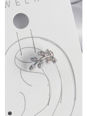 Pirinç Gümüş Renk Zirkon Taşlı Yaprak Model Kıkırdak Kadın Küpe