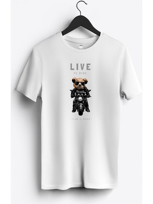 MGAX Motosiklet Sevimli Ayı Live To Ride Baskılı Regular Sıfır Yaka %100 Pamuk Unisex Penye T-Shirt
