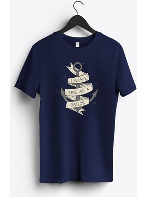MGAX Denizci Living Life As A Sailor Baskılı Regular Sıfır Yaka %100 Pamuk Unisex Penye T-Shirt