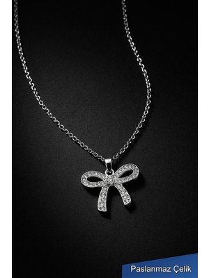 Trend Collection Zirkon Taşlı Fiyonk Figürlü Çelik Kolye – Gümüş Renk Kadın Kolye