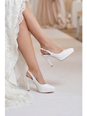 Erkan Saçmacı Scarlett Slingback Beyaz Vegan Sivri Burun Arkası Açık Ince Platform Topuklu Gelin Ayakkabısı