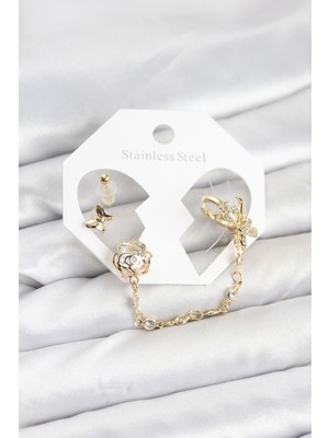 Pirinç Gold Renk Kelebekli Model Zincir Bağlantılı Ear Cuff Küpe Seti
