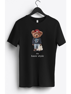 MGAX Sevimli Ayı Şanslı Adam Baskılı Regular Sıfır Yaka %100 Pamuk Unisex Penye T-Shirt