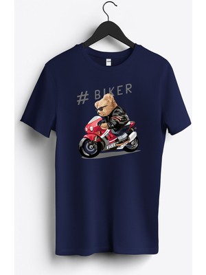 MGAX Motosiklet Sevimli Ayı Biker Baskılı Regular Sıfır Yaka %100 Pamuk Unisex Penye T-Shirt