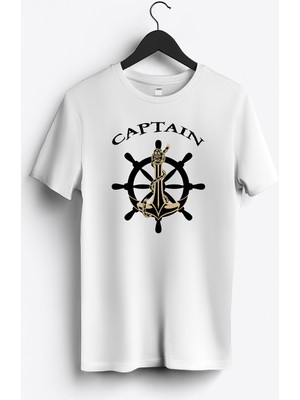 MGAX Denizci Captain Baskılı Regular Sıfır Yaka %100 Pamuk Unisex Penye T-Shirt