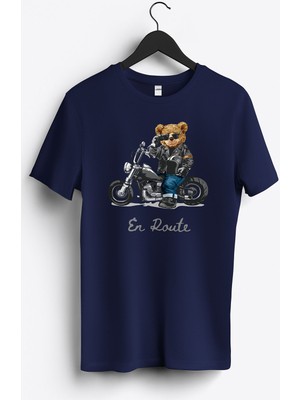 MGAX Motosiklet Sevimli Ayı En Route Baskılı Regular Sıfır Yaka %100 Pamuk Unisex Penye T-Shirt