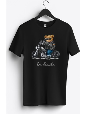 MGAX Motosiklet Sevimli Ayı En Route Baskılı Regular Sıfır Yaka %100 Pamuk Unisex Penye T-Shirt