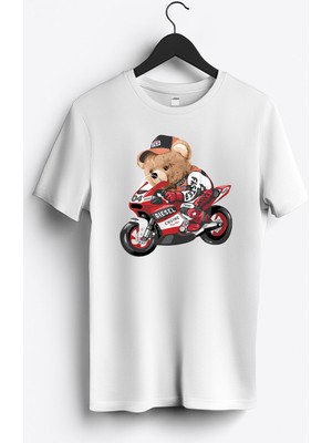 MGAX Motosiklet Sevimli Ayı Motor Canavarı Baskılı Regular Sıfır Yaka %100 Pamuk Unisex Penye T-Shirt