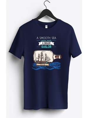MGAX Denizci Şişedeki Yelkenli Baskılı Regular Sıfır Yaka %100 Pamuk Unisex Penye T-Shirt