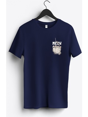 MGAX Balıkçı Kedi Meow Arma Baskılı Regular Sıfır Yaka %100 Pamuk Unisex Penye T-Shirt
