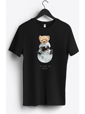 MGAX Sevimli Ayı I Need My Space Baskılı Regular Sıfır Yaka %100 Pamuk Unisex Penye T-Shirt