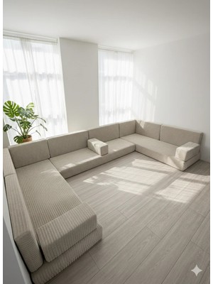 Bakırözü Home Premium Kadife Kumaş, Konforlu Yer Kanepesi ,modüler Şark Köşesi Takımı - Krem- U Set