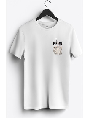 MGAX Balıkçı Kedi Meow Arma Baskılı Regular Sıfır Yaka %100 Pamuk Unisex Penye T-Shirt
