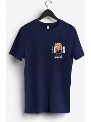 MGAX Sevimli Ayı Doğuştan Şampiyon Arma Baskılı Regular Sıfır Yaka %100 Pamuk Unisex Penye T-Shirt