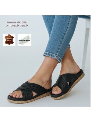 Cozi Company Hakiki Deri Tam Ortopedik Çarpraz Rahat Günlük Terlik