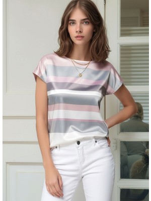 Mamayaga Kadın Bisiklet Yaka Saten Viskon Kısa Kol Spor Şık Çizgili Bluz