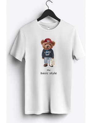 MGAX Sevimli Ayı Şanslı Adam Baskılı Regular Sıfır Yaka %100 Pamuk Unisex Penye T-Shirt