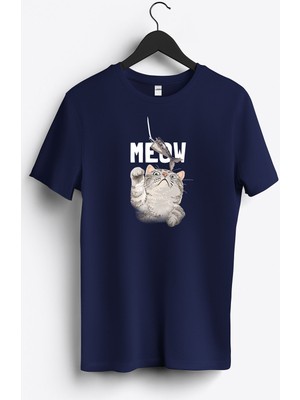 MGAX Balıkçı Kedi Meow Baskılı Regular Sıfır Yaka %100 Pamuk Unisex Penye T-Shirt