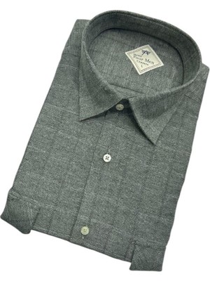 Gömlek Galerisi Klasik Geniş Kesim Gizli Ekoseli Flanel Dokuma Çift Cepli Uzun Kollu Erkek Gömlek