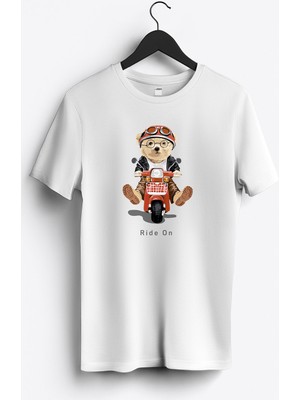 MGAX Sevimli Ayı Scooter Ride On Baskılı Regular Sıfır Yaka %100 Pamuk Unisex Penye T-Shirt