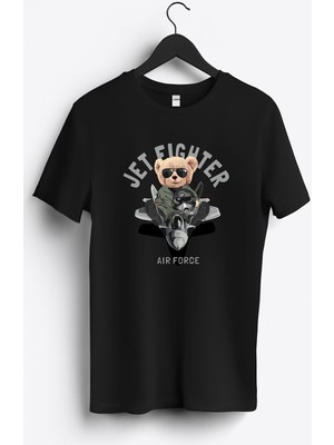 MGAX Pilot Jet Fighter Baskılı Regular Sıfır Yaka %100 Pamuk Unisex Penye T-Shirt