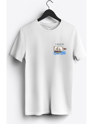 MGAX Denizci Şişedeki Yelkenli Arma Baskılı Regular Sıfır Yaka %100 Pamuk Unisex Penye T-Shirt